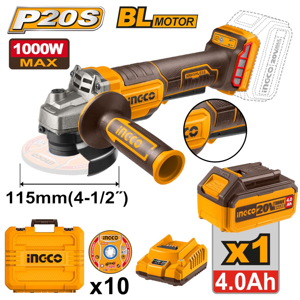 SMERIGLIATRICE ANGOLARE 1000W A BATTERIA 115MM CON 10 DISCHI
