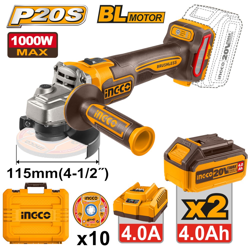 SMERIGLIATRICE BRUSHLESS 1000W D115MM CON 2 BATTERIE 4Ah E DISCHI