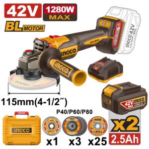 SMERIGLIATRICE 42V 1280W 115MM  CON 2 BATTERIA E CARICABATTERIA