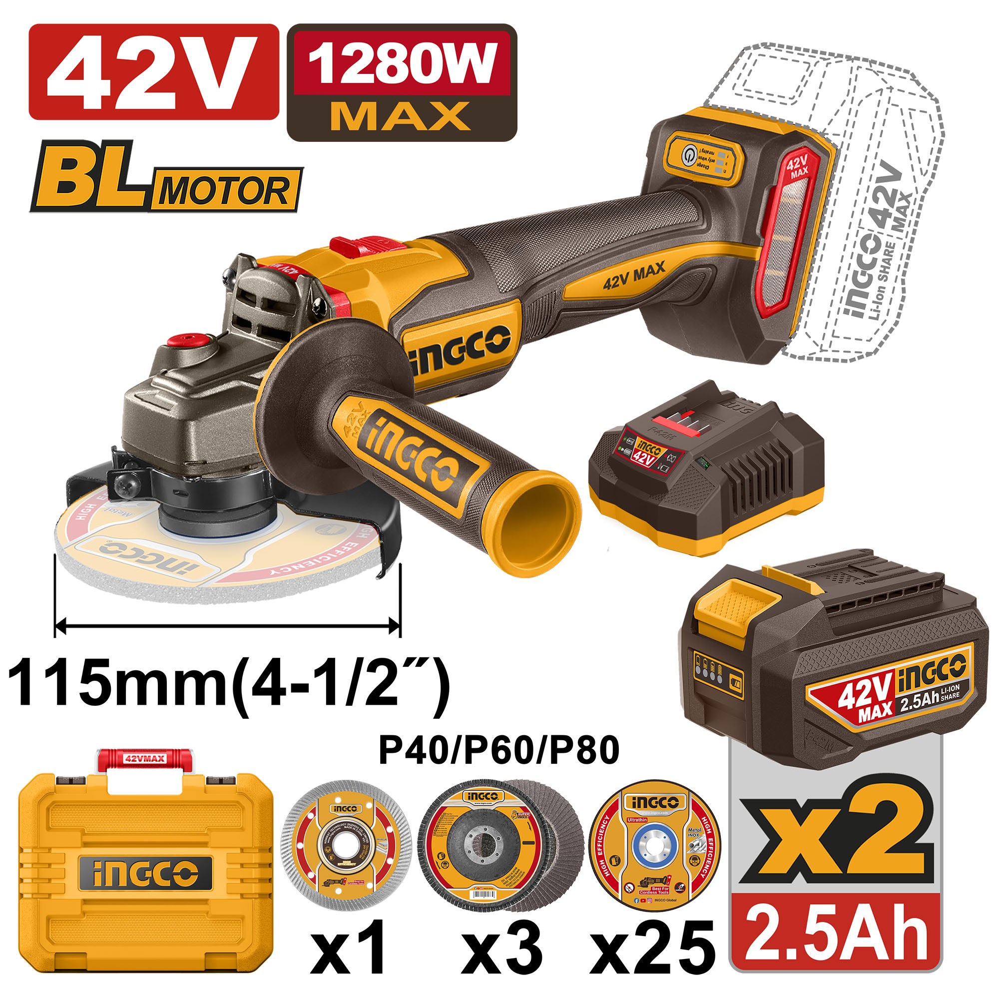SMERIGLIATRICE 42V 1280W 115MM CON 2 BATTERIA E CARICABATTERIA