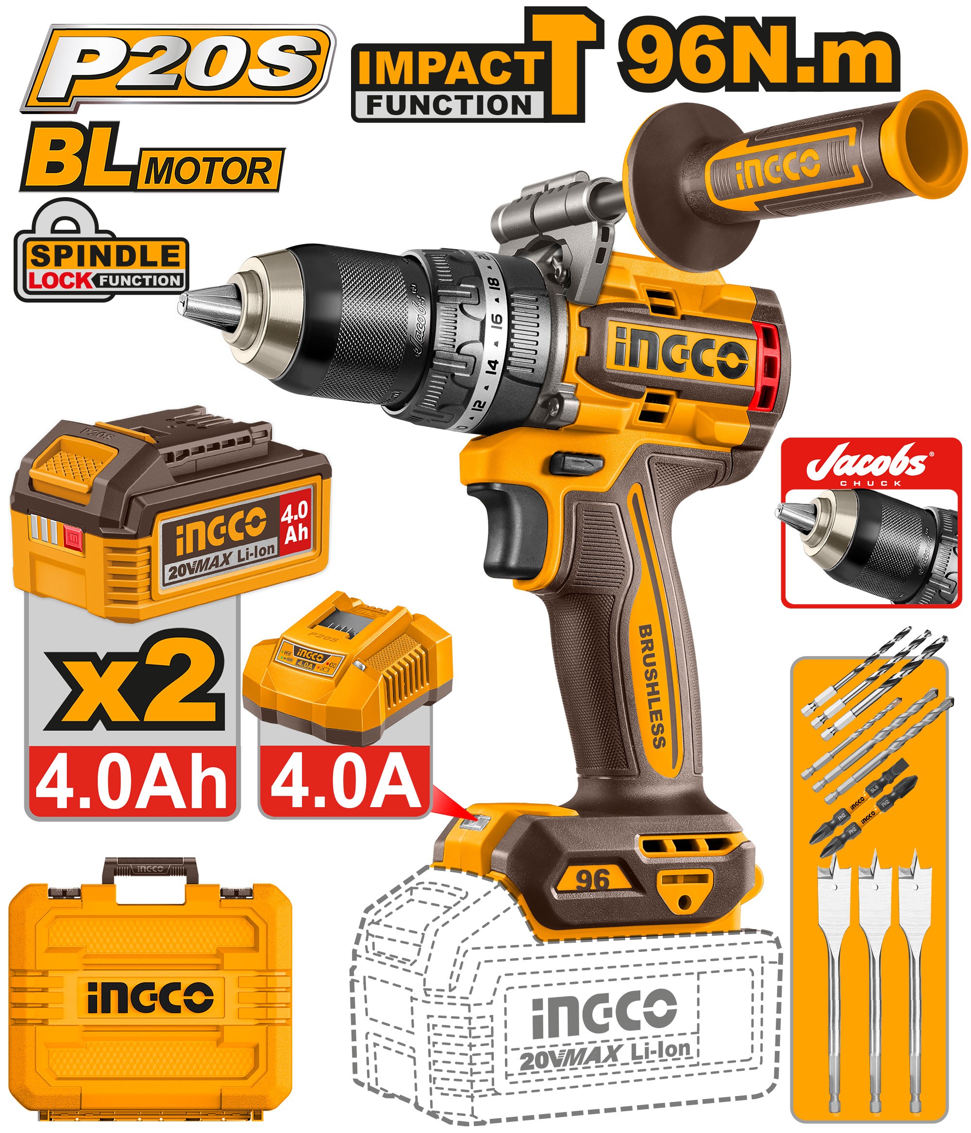 TRAPANO A PERCUSSIONE BRUSHLESS 96N.m CON 2 BATTERIE
