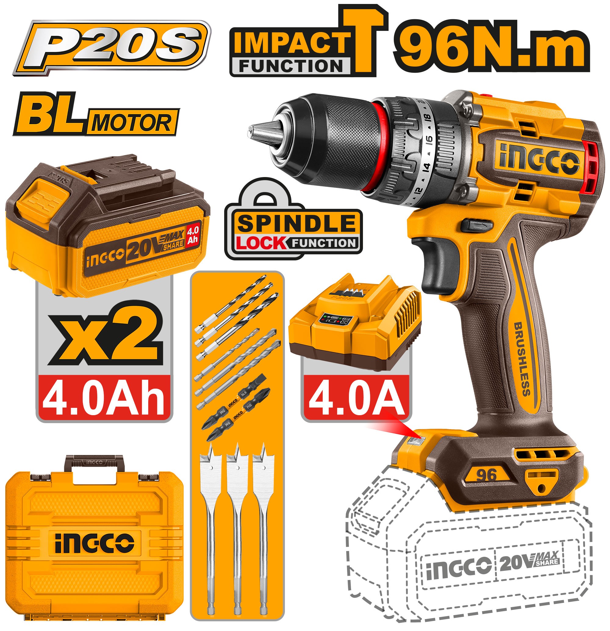 TRAPANO A PERCUSSIONE BRUSHLESS 96N.m CON 2 BATTERIE 4A.h