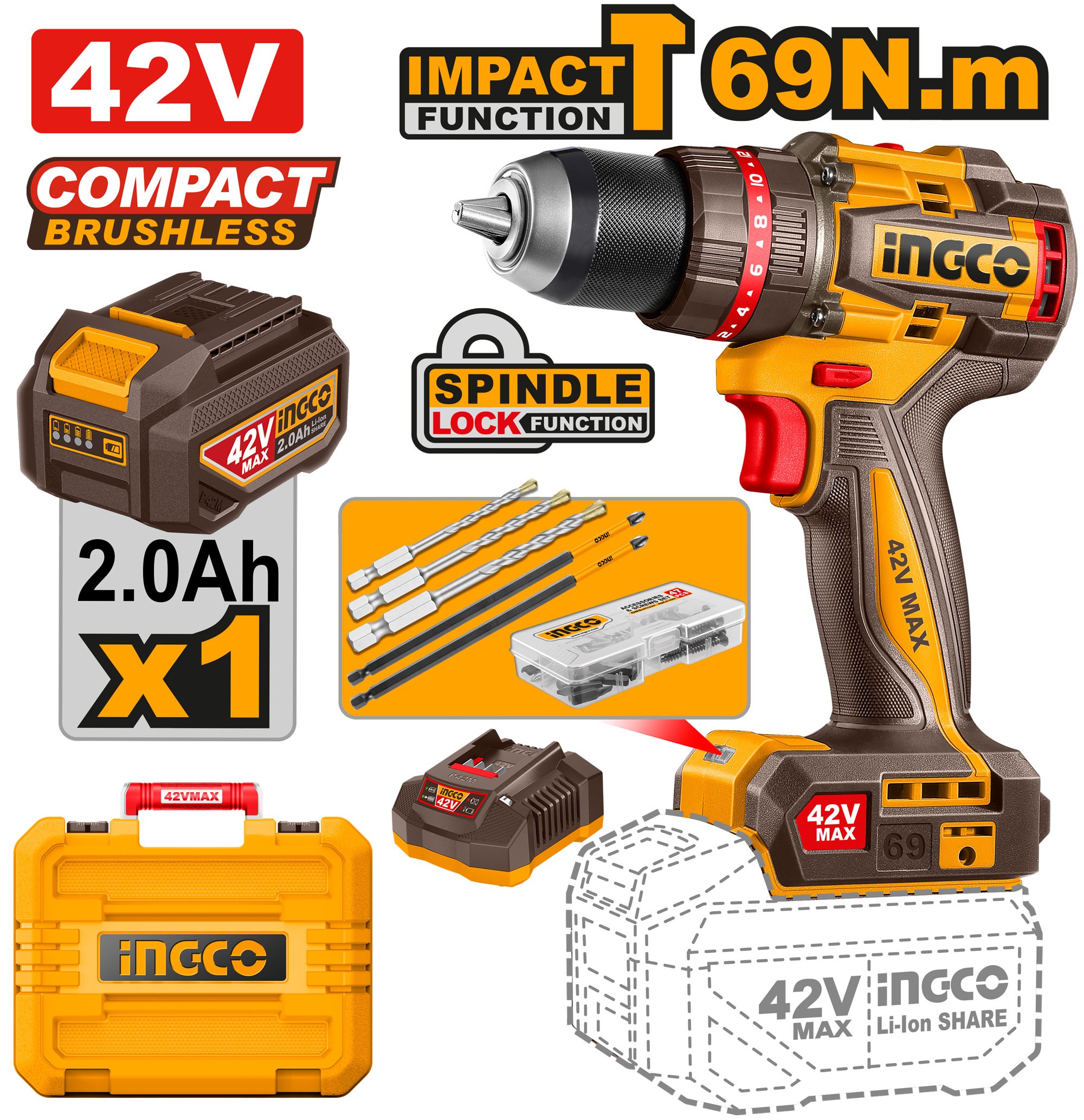 TRAPANO A PERCUSSIONE BRUSHLESS 42V CON BATTERIE E VALIGETTA