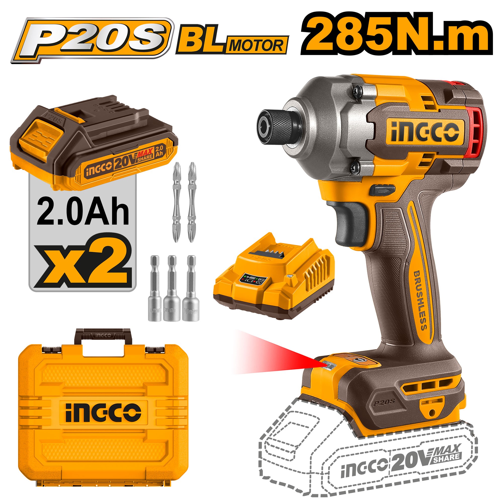 AVVITATORE AD IMPULSI 285N.M BUSHLESS CON 2 BATTERIE 2Ah