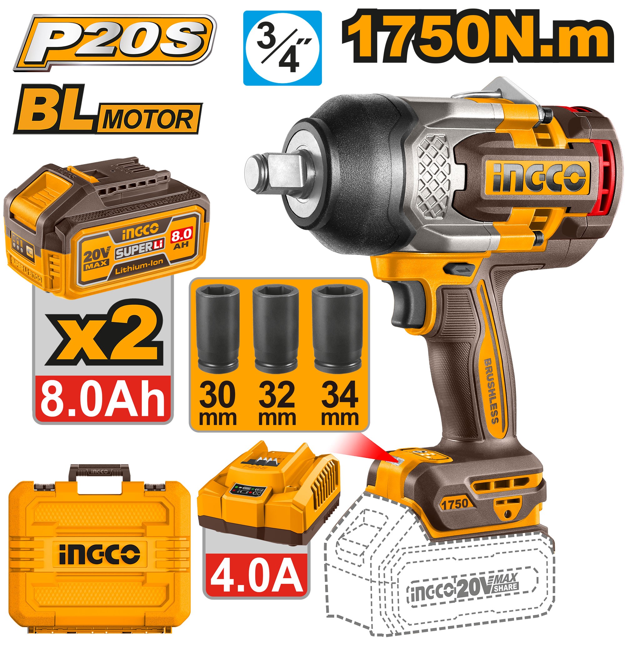 AVVITATORE AD IMPULSI 1750N.m CON BATTERIA 8AH CON 3 BUSSOLE