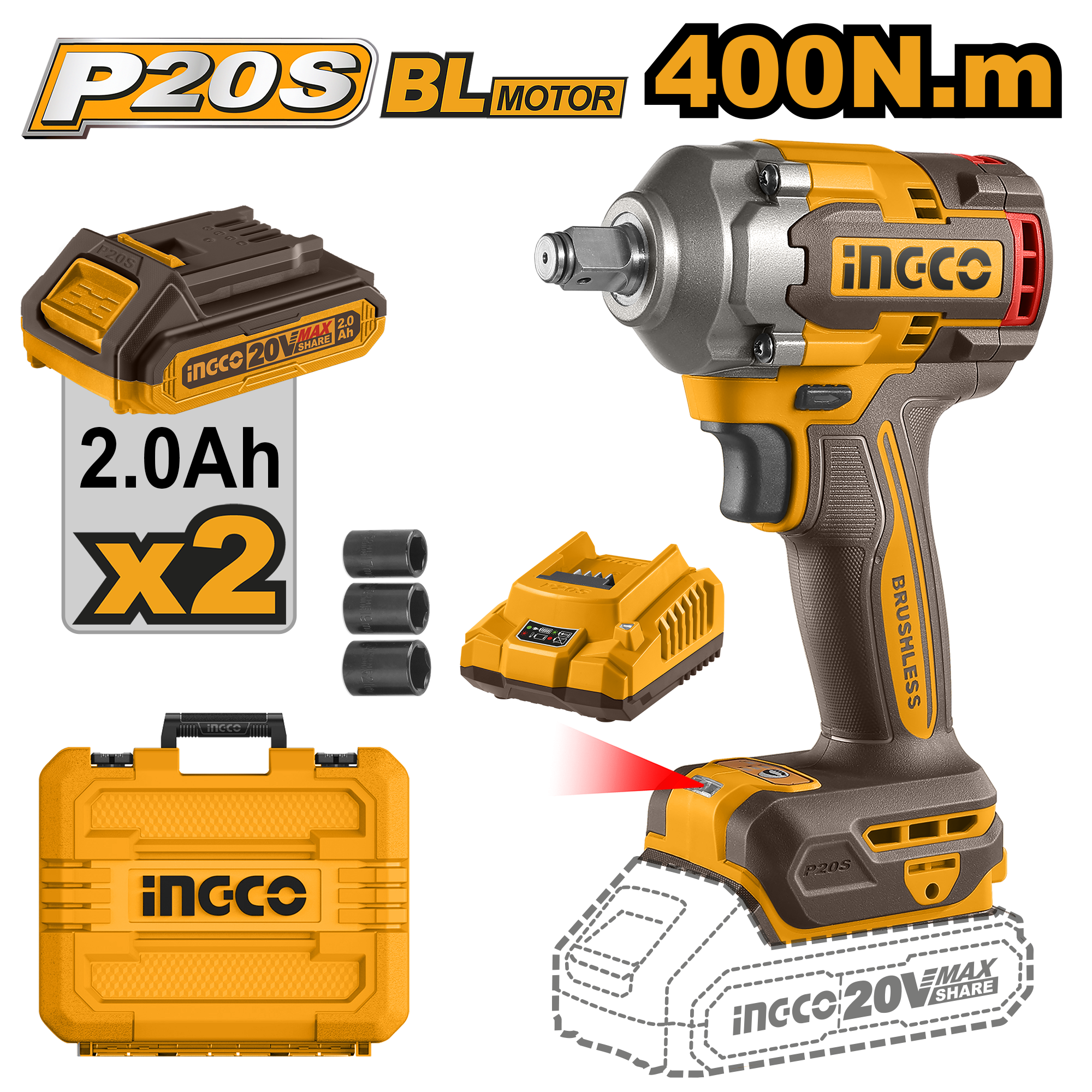 AVVITATORE AD IMPULSI BRUSHLESS 400N.M CON 2BATTERIE 2AH