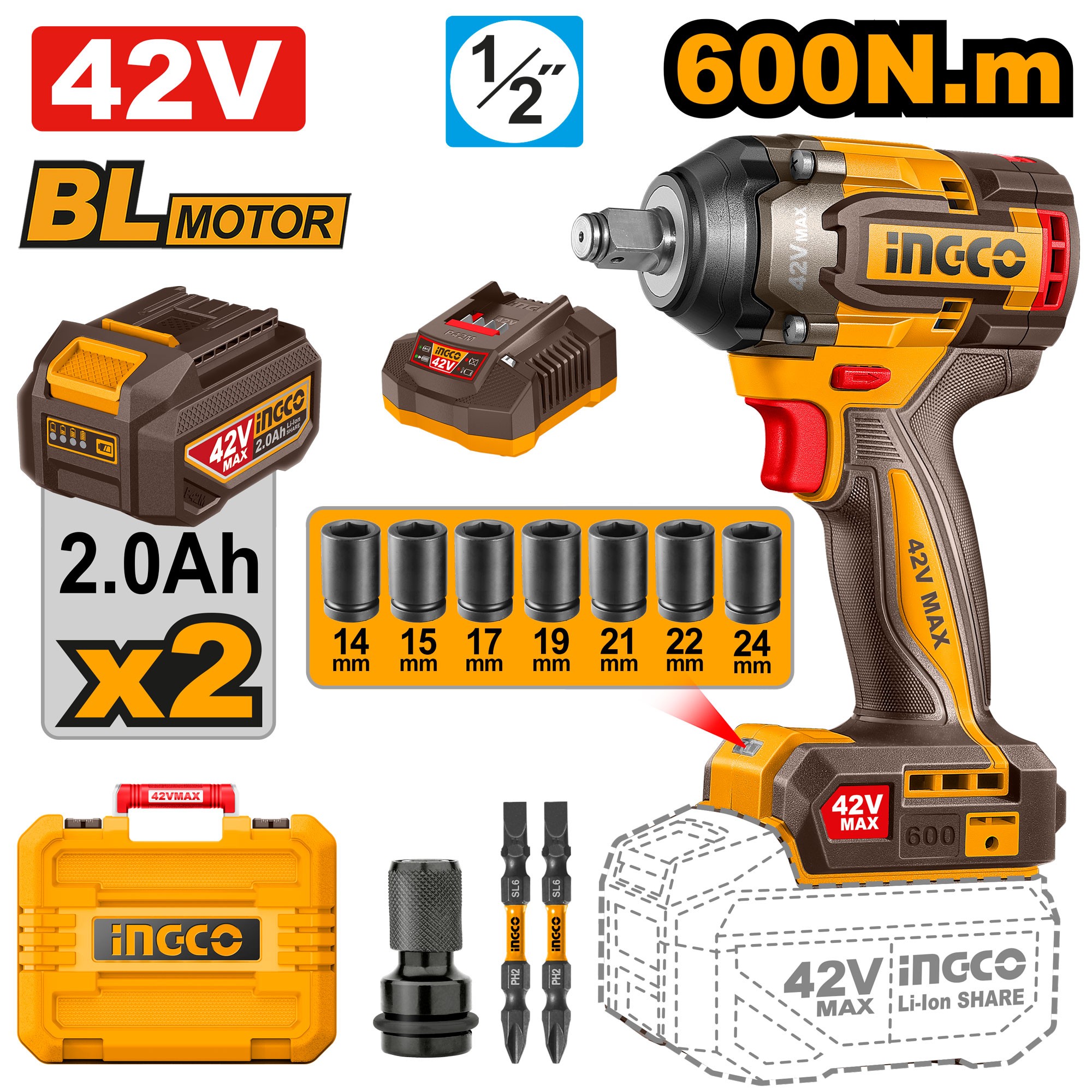 AVVITATORE AD IMPULSI 42V 600N.M CON 2 BATTERIE E VALIGETTA