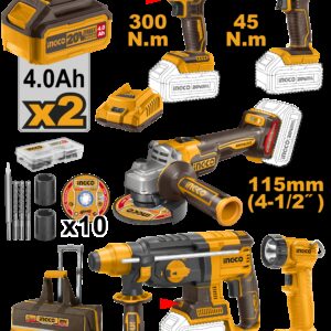 SET AVVITATORE+TRAPANO+MARTELLO PERFORATORE+SMERIGLATRICE ANGOLARE+LAMPADA