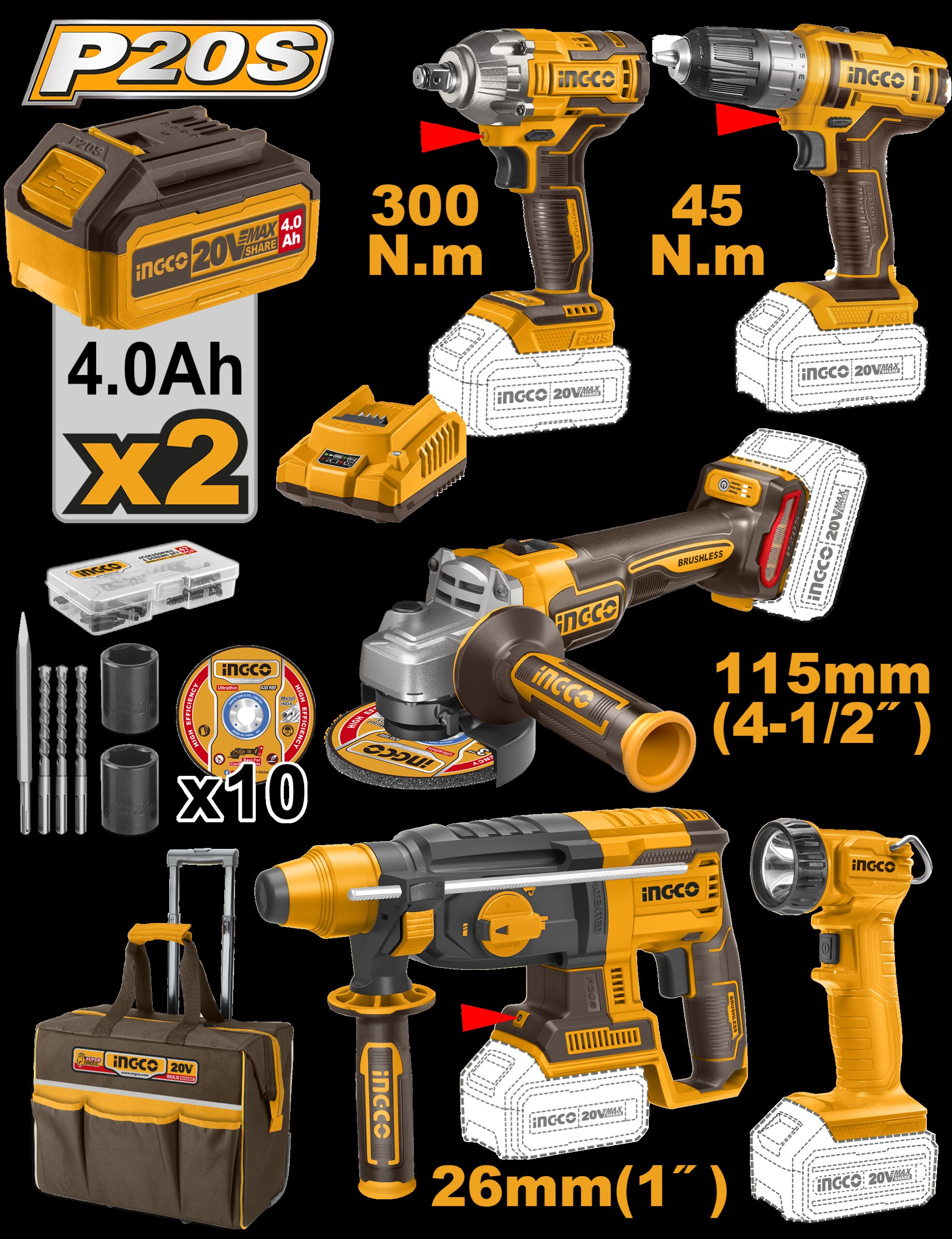 SET AVVITATORE+TRAPANO+MARTELLO PERFORATORE+SMERIGLATRICE ANGOLARE+LAMPADA