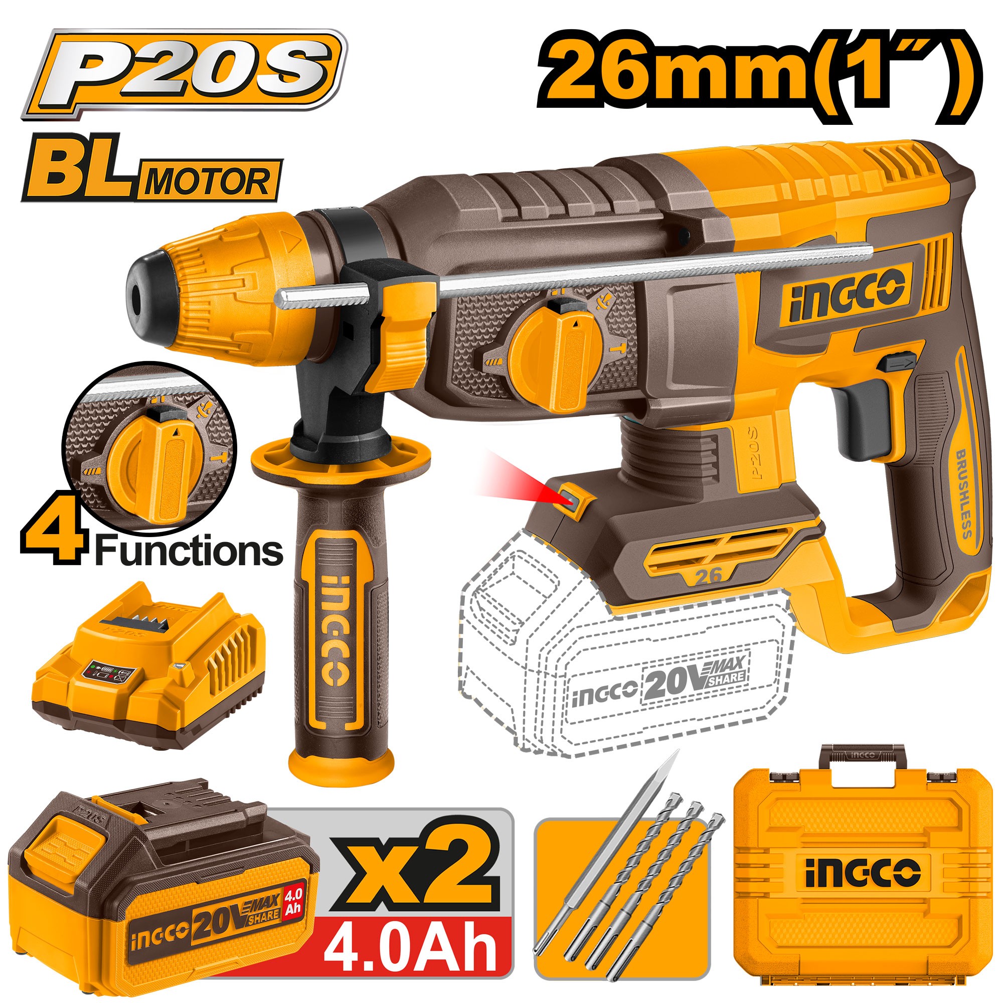 MARTELLO DEMOLITORE BRUSHLESS 20V 26MM 4FUNZIONI