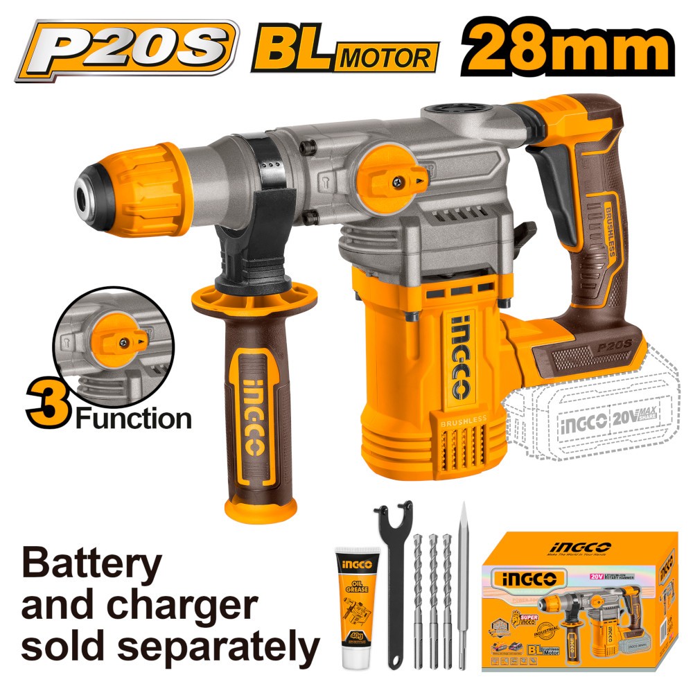 MARTELLO DEMOLITORE BATTERIA 20V BRUSHLESS + 3 PUNTE
