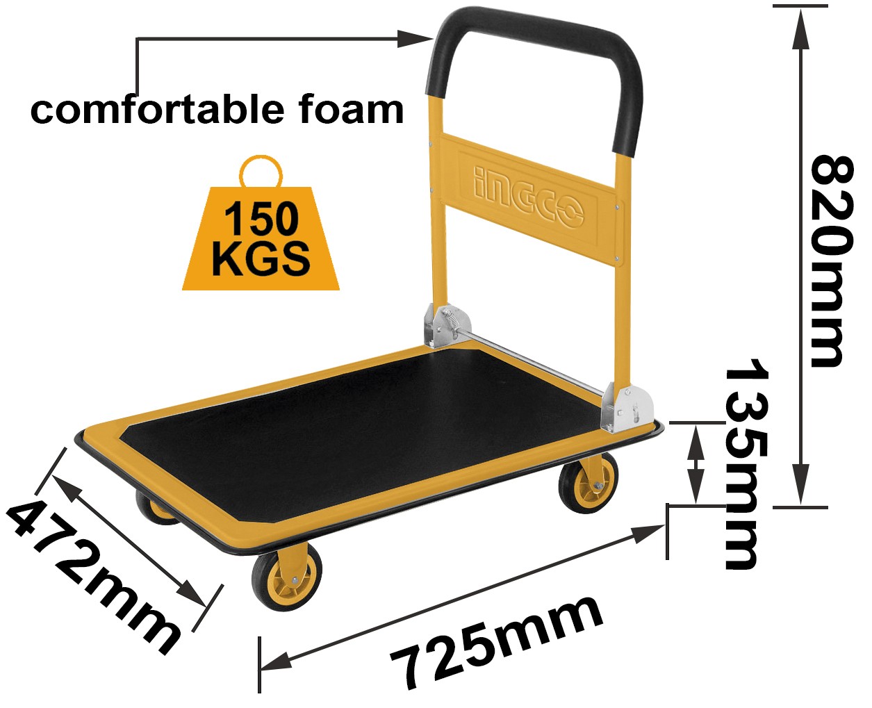 CARRELLO 4 RUOTE MANICO PIEGHEVOLE MISURE 725X472MM 150KG