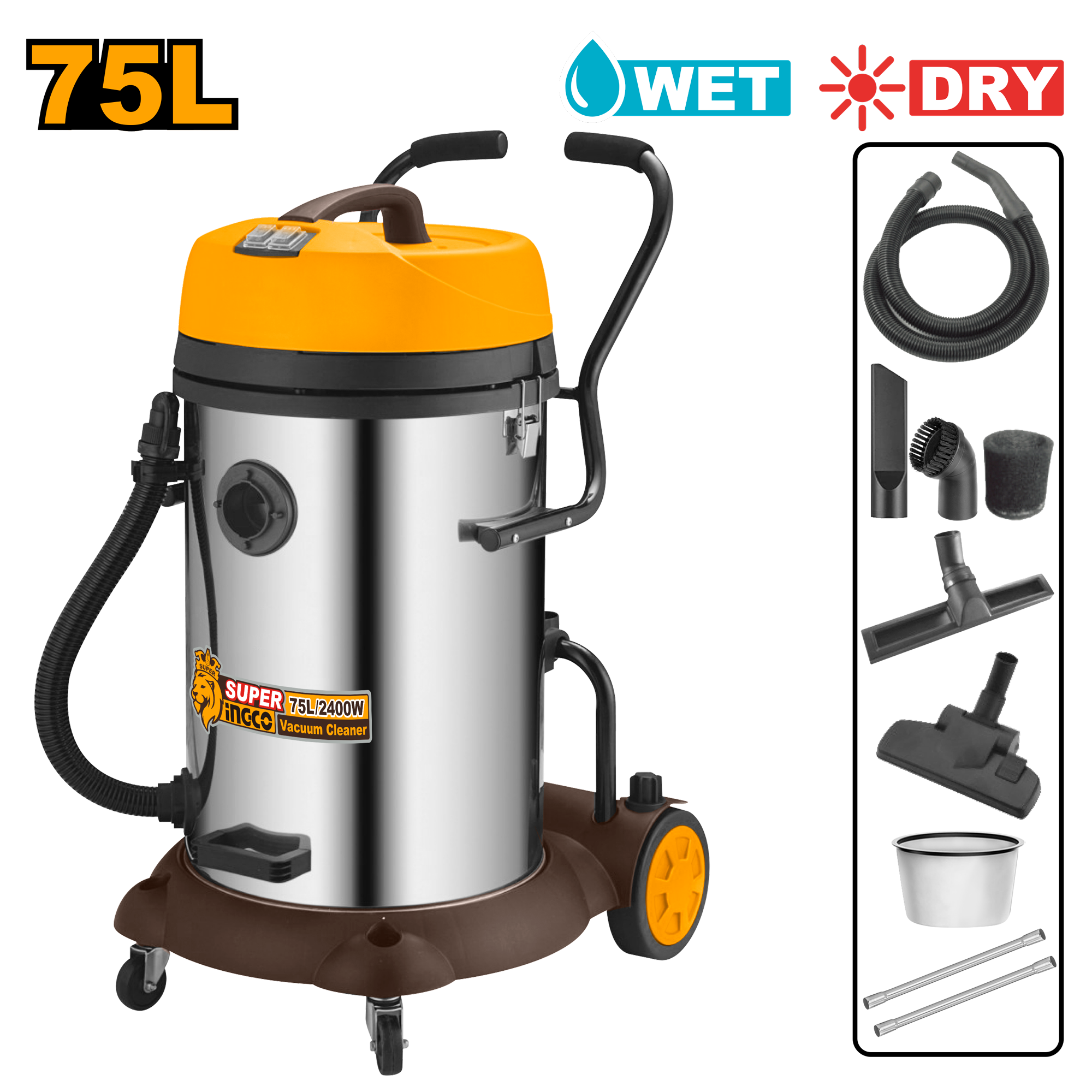 BIDONE ASPIRAPOLVERE/LIQUIDI INOX 75LT - 2X1200W